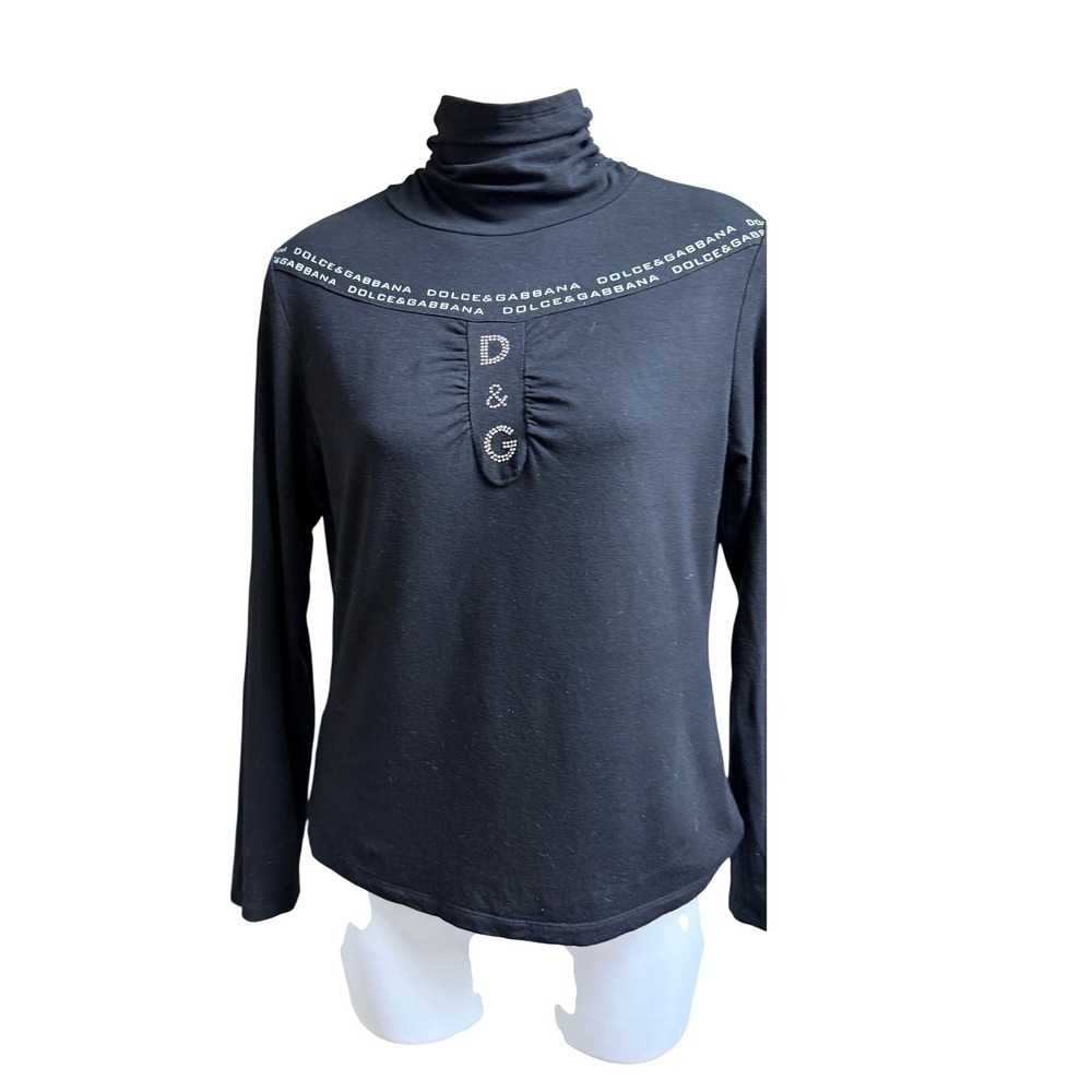 Dolce & Gabbana Turtleneck Top Logo Rhinestone Black Medium Y2K Luxury